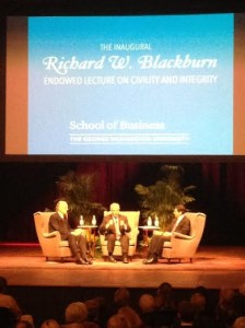 The participants of the first annual Richard W. Blackburn Lecture discussed business ethics.